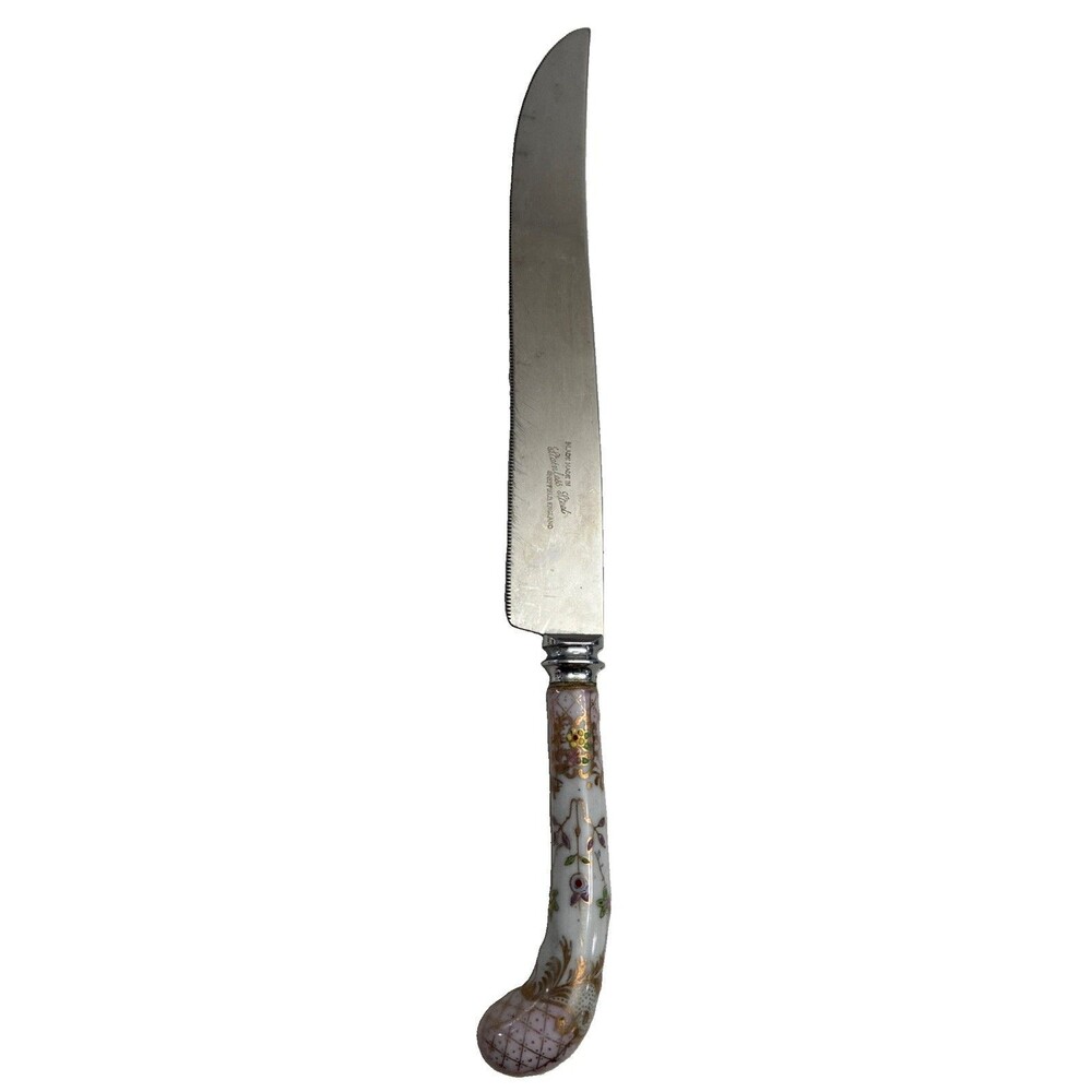 Sheffield England Stainless Steel Floral Cake Knife Cloisonné Porcelain Handle